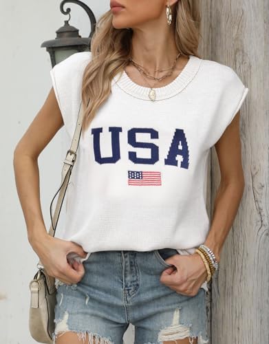 Image of Alsol Lamesa Women's American Flag Graphic Cap Sleeve Vest Knit Lightweight Sweater Crew Neck Tank Top 2024, Medium, 914 White