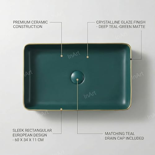 Image of Inart Ceramic Wash Basin | Counter Top Basin | Living room or Bathroom Table Top Basin | Green Matt Color 60 x 34 x 11 CM