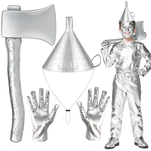 Tokcousun 4 Pcs Silver Costume Accessories Silver Funnel Hat Axe Gloves Halloween Costume Set for Adult Cosplay Party
