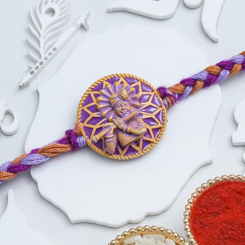 Image of eCraftIndia Purple Krishna Playing Flute Rakhi for Brother Bhaiya Bhai with Best Bro Ever Fridge Magnet | Roli Chawal Pack