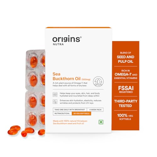 Image of Origins Nutra Sea Buckthorn Oil| Seed & Pulp Extract | Omega-7 for Skin, Hair & Eye Hydration | GMP Certified | 28 Veg. Softgels | Pack of 1