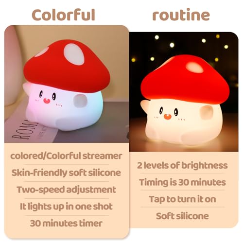 Image of Rytinazzz Silicone Night Light for Kids, 50H Long Battery Mushroom Lamp, RGB Color Changing Mood Light, Gift for Kids, Rechargeable Tap Control, Dimmable Bedside Light