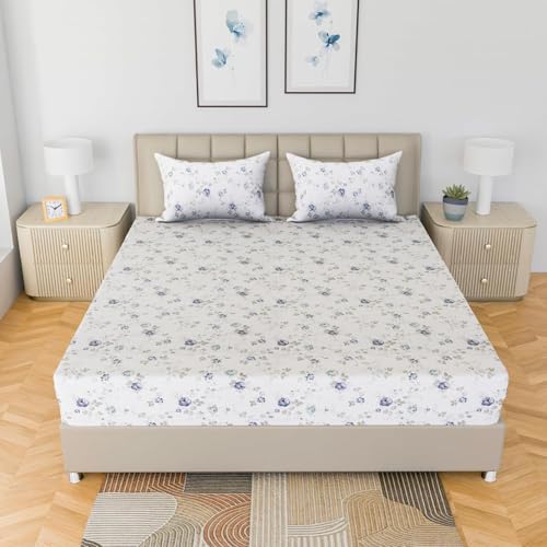 Image of LINENWALAS 100% Cotton Bed Sheet for King Size Bed, Floral Printed King Bedsheet with 2 Pillow Covers | 210 TC Soft, Breathable, Luxury Bedsheet (Blue Sapphire, 108 x 108 Inches)