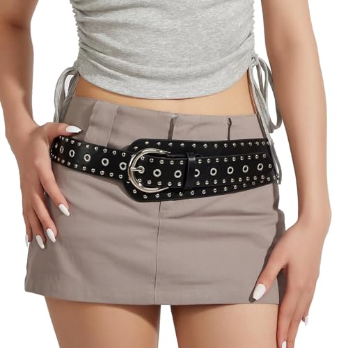 QCWN Y2K Studded Belt Black PU Leather Punk Goth Emo Belts Chunky Western Cowgirl Rivet Thick Waistband for Jeans Pants Dresses Fits waist size: 29 - 33