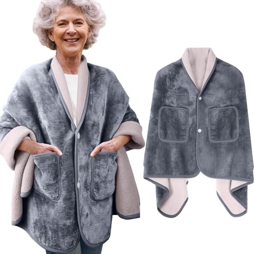 Fanfanwin Double Layer Poncho Blanket Sherpa Shawl with Pockets Fleece No Sleeves Bed Jackets for...