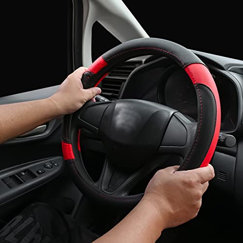 Wheel Cover Microfiber Leather Universal Fit For Universal 15 Inch,Black&Red #TOP3