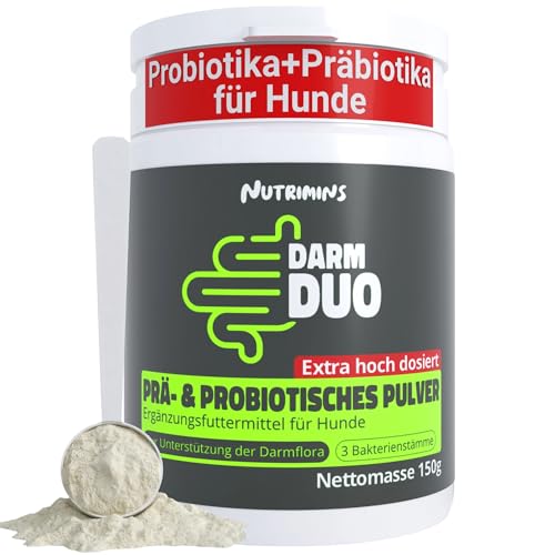 Probiotika & Präbiotika für Hunde Pulver – HOCHDOSIERT – Kann bei Darmflora Aufbau, Magen-& Darmkur, Grasfressen unterstützen – Mit Akazienfaser & 3 Stämmen – 150g Pulver – Reicht bis zu 10 Monate