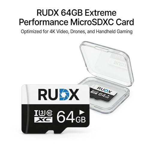 Image of RUDX 64GB microSDXC Memory Card - Class 10, U3, V30 for CCTV, Cameras, Smartphones, 4k Video (Card + Adapter)