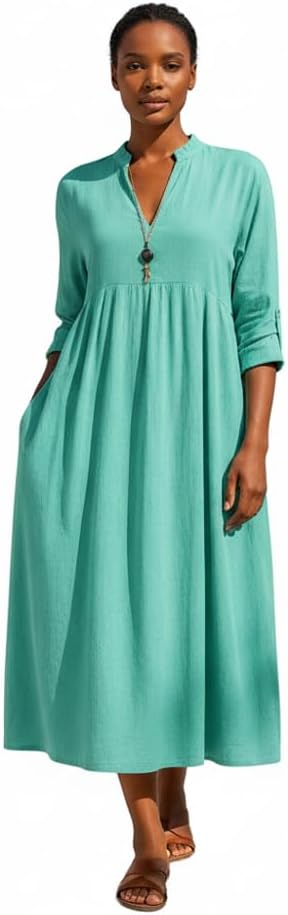 Women's Summer Smocked Cotton Linen Comfort Solid Color Long Sleeve Dress with Pockets Vintage V-Neck Maxi Dresses
