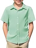 Haloumoning Camisa de verano para niño, manga corta, camiseta para niños, monocolor, informal, básica, con botones, fácil de planchar, 5-14 años, verde menta, 9-10 años