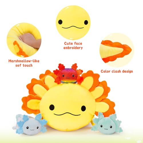 Image of MaoGoLan 4Pcs Giant Axolotl Plush with 3 Babies Inside-23.5 inch Large Ultra Soft Axolotl Stuffed Animals Throw Pillow-Squishy Stuffed Axolotl Plush Collection Gift for Axolotl Lover,Kids,Teens,Yellow