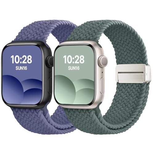 Fullmosa 2 Pack Magnetic Braided Bands Compatible Apple Watch Strap 49mm 46mm 45mm 44mm 42mm(S3/2/1),Soft Elastic Strap for iWatch Ultra3/2/1 SE3/2/1 Series 11 10 9 8 7 6 5 4 3 2 1,Green/Blue Grey