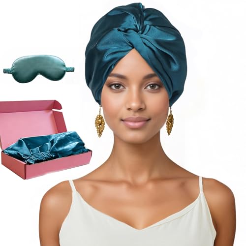 NEUJUS Seidenhaube zum Schlafen für gesunde Haare & lange Haare | Schlafhaube Seide verhindert Frizz Haarbruch & Spliss | Silk Bonnet für Damen mit Locken & Haarhaube für die Nacht (Petrol)