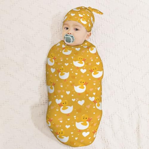 Image of Lovely Duck Heads and Heart Newborn Swaddle Blankets Hat Sets Soft Baby Receiving Blanket Swaddle Sack for Baby Shower Infant Boy Girl Gift