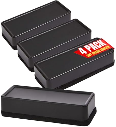 1InTheOffice Magnetic Dry Erase Eraser for Whiteboards and Chalkboards, Quick Ink Removal, Black, 4 Pack