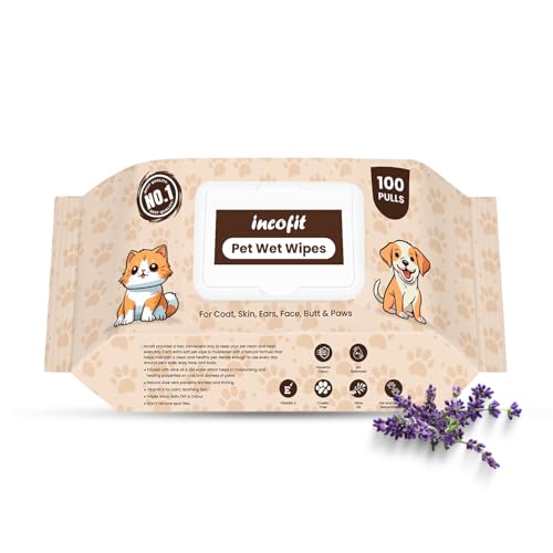 Image of Incofit Anti-Bacterial 100 Pulls Pet Wet Wipes for Dogs, Puppies, Cats, Rabbits & Small Pets | Powerful Odour, Vitamin E & Olive Oil | Anti-Itching | Cleansing, Deodorising & Grooming (Pack of 1)
