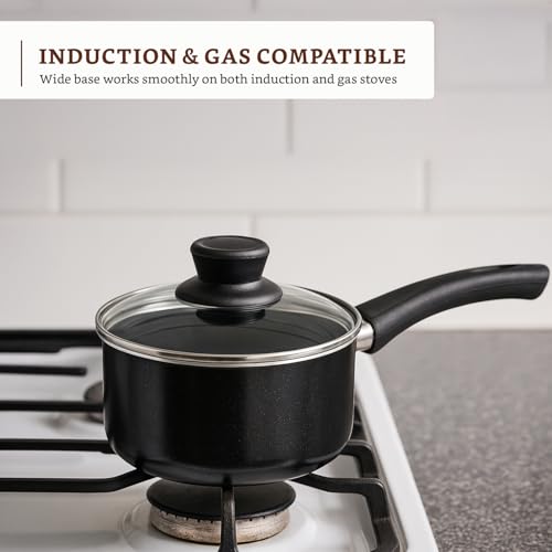 Image of Amazon Brand - Solimo Non-Stick 5-Piece Cookware Set | Induction & Gas Compatible | Aluminium Construction | Includes Saucepans, Frypans & Casserole with Glass Lids