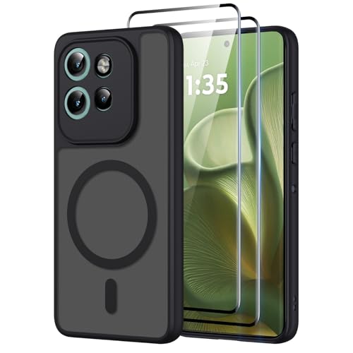 Pnakqil Magnetisch für Motorola Moto Edge 60 Neo/Edge 50 Neo Hülle für Magsafe Matt Transluzente Handyhülle mit 2 Panzer Schutz Glas PC Härte Kratzfest Matte Dünn Magnetische Case Schwarz