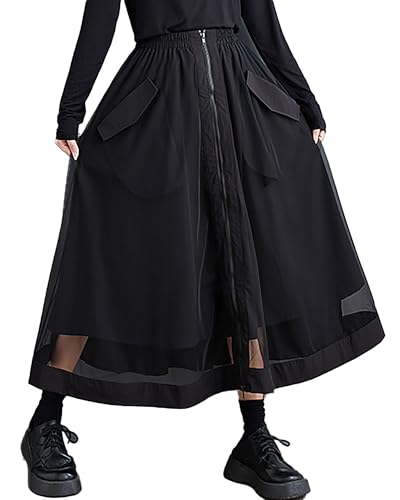 ellazhu Women's Skirt Wide Legs Elastic Waist Flowy Hem Sheer Zipper Two Side Pockets Loose Oversize Fall GZ248