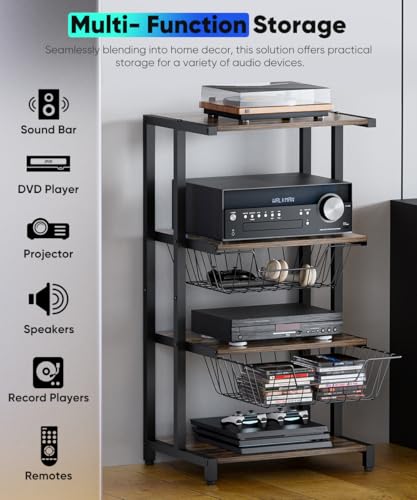 Media Stand with Two Detachable Baskets, 4-Tier AV Media Stand Corner Shelf for DVD Players/Cable Boxes/Games Consoles, Audio Storage Rack for Living Room, Gaming Room, Music Studio, Black - Image 6