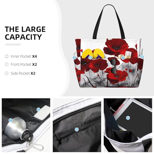 Red Poppy Flower Print Large Capacity Beach Tote Bag for Women, Waterproof Beach Travel Bag2