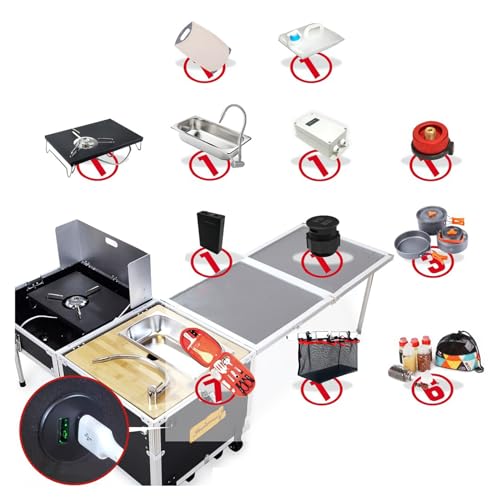 Unidad de cocina de camping con estufa y fregadero para 2 ~ 4 personas | Mesa de campamento portátil con ruedas, mesas de camping, caja de cocina y juego de utensilios de cocina