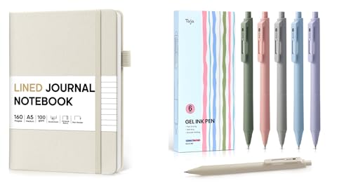 Taja A5 Lined Journal Notebook 160 Pages and Gel Pens, 6 Pcs Quick Dry Blcak Gel Ink Pens