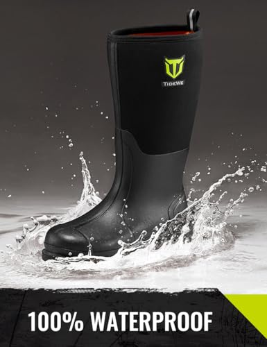 TIDEWE Rubber Work Boot for Men with Steel Shank, Waterproof Anti Slip Hunting Boot, Warm 6mm Neoprene Hunting Mud Boot, Sturdy Black Rubber Boot for Farming, Gardening, Fishing, Size 6-142