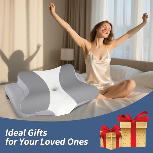 Image of Cervical Neck Pillow for Pain Relief, Contour Memory Foam Pillows for Sleeping, Ergonomic Pillow Orthopedic Cooling Pillow Bed Pillow Neck Support for Side Back Stomach Sleepers（Grey&White