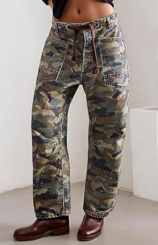 loveimgs Women Baggy Camo Cargo Pants Barrel Jeans Sweatpants Mid Rise Jeans Drawstring Denim Pants Camouflage Boyfriend Y2k3