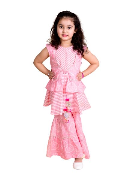 Pspeaches Girls Pink Floral Striped Empire Pure Cotton Kurti With Sharara (Pink-7-8Y)
