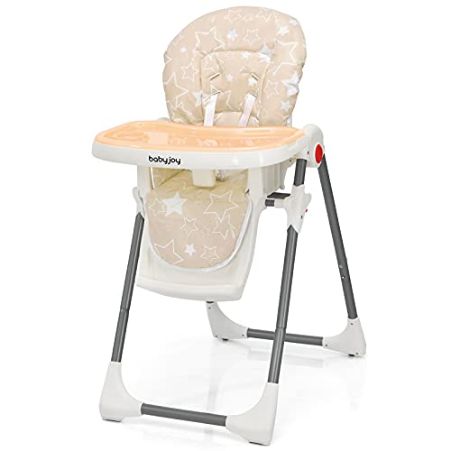 Image of BABY JOY Folding High Chair for Babies & Toddlers, Infant Dining Chair w/Removable Dishwasher Safe Tray, 5-Point Safety Belt, Wheels, Detachable Cushion, Adjustable Backrest Footrest & Height (Beige)