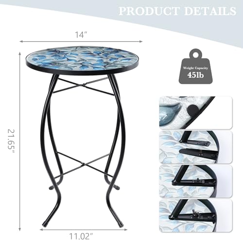 MUMTOP-Side-Patio-Tables-Mosaic-Outdoor-Side-Table-14-Blue-and-Transparency-Leaf-Glass-Accent-Round-End-Table-Plant-Stand-Indoor-Small-Coffee-Table-for-Garden-or-Living-Room-Decor MUMTOP Side Patio Tables Mosaic Outdoor Side Table 14 Blue and Transparency Leaf Glass Accent Round End Table Plant Stand Indoor Small Coffee Table for Garden or Living Room Decor