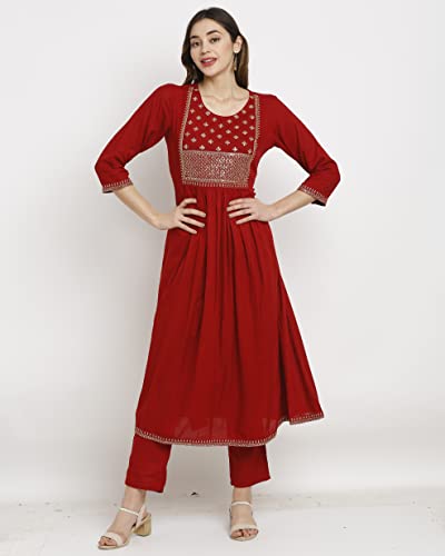 Image of Rajnandini Women's Rayon Embroidered Kurta Set With Dupatta (JOPLVL245-P Maroon P)