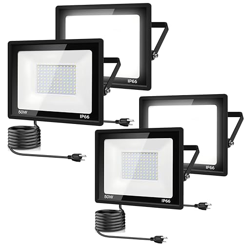 garageangle 4Pack LED Flood Light Outdoor 50W LED Work Light 5500lm with 6FT US Plug IP66 Waterproof Exterior Security Lights 6000K Daylight White Outside Floodlights Slim Design for Playground Yard