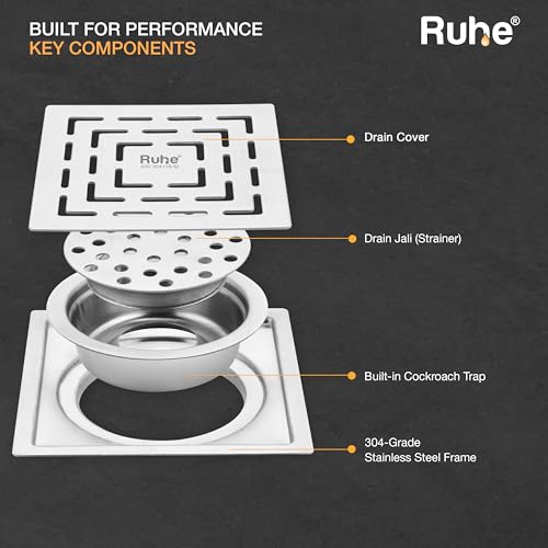 Image of Ruhe Sapphire Square Flat Cut Floor Drain | 304-Grade Stainless Steel with Cockroach Trap (6 x 6 Inches) | Floor Drainer for Bathroom, Balcony