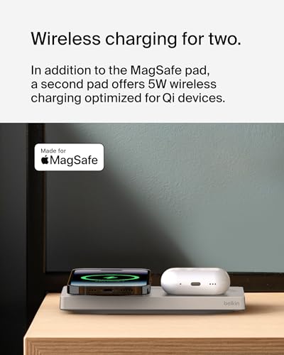 Image of Belkin MagSafe-Compatible 2-in-1 Wireless Charger 15W, Fast Charging Station for iPhone 16, 15, 14, 13 Series, AirPods, and More - Dual Device Charging Pad - Sand | 15W Magsafe for Iphone, 5W Qi Pad for Airpods, 25W Power Supply and 5ft USB-C Cable Included, 2-Year Warranty