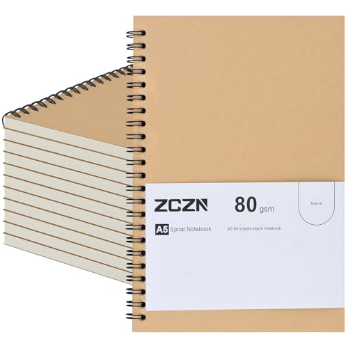 ZCZN Cuaderno A5 Hojas Blancas Libretas 12 Pack Cuaderno Espiral de Diarios con Cubierta de Kraft, 60 hojas/120 Páginas para Viajar Dibujo Escribir
