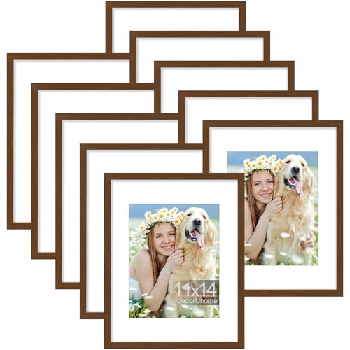 decorUhome 11x14 Picture Frame Set of 10, Display Photos 8x10 with Mat or 11x14 Unmatted for Picture Frames Collage Wall Decor, Brown