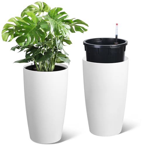 Garvee Tall Planters for Outdoor Plants 22 in Large Planters Set of 2 Outdoor & Indoor Planters with Water Level Monitor Inner Bucket Automatic Watering for Porch Patio Backyard White