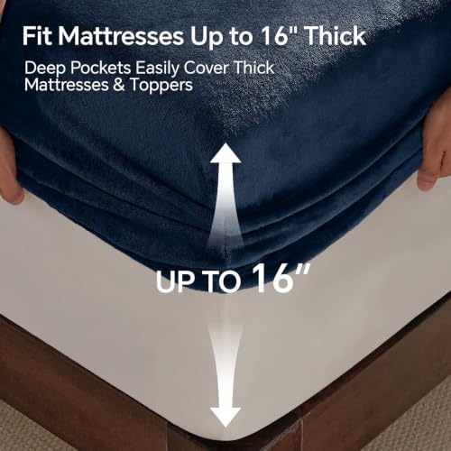 Image of BEDELITE Flannel Full Fitted Sheet & Pillowcases Set, Navy, 3 Pieces | Ultra Soft Plush Fleece Bed Sheet with Elastic Corner Straps, 16 Inch Deep Pocket, Fuzzy All-Season Gift & Room Decor