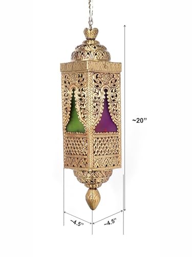 Image of Vintage Moroccan Hanging Pendant Light, Brass & Glass Lattice Design, Multicolour LED