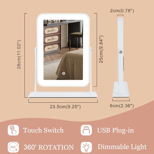 Small Desk Mirror with Lights, Lighted Makeup Mirror with Light, Portable Tabletop Make Up Mirror for Desk, Vanity Mirror with Lights,Smart Touch Control, Dual Power Supply, 360°Rotation