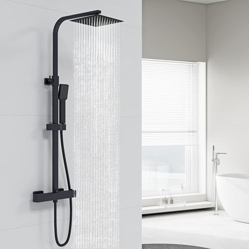 Acezanble Colonne de Douche Thermostatique,Système de douche thermostatique 38°C,Colonne de Douche Acier Inoxydable avec Mitigeur Salle de Bain,20x20CM Pommeau de Douche,Carré,Mitigeur Douche Noir
