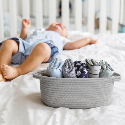 Image of Small Woven Gift Basket, Baskets for Gifts Empty, Cotton Rope Cat Dog Toy Bin Box, Baby Nursery Organizer, Easter Basket with Handle, Shelf Storage Bin for Decor, Gray, 12 inchx 8 inchx 5 inch