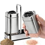 Salt and Pepper Shakers Set with Holder-Stainless Steel Salt Shaker with Adjustable Pour Holes-Set of 2 by Aelga