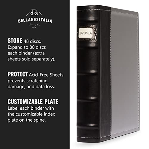 Bellagio-Italia Cd/Dvd Storage Binder - Leather - 48-Disc Capacity - Storage Organizer For Dvds, Cds, Blu Rays, & Video Games - Acid-Free Binder Organizer Sheets - 1 Pack - Gray #TOP4