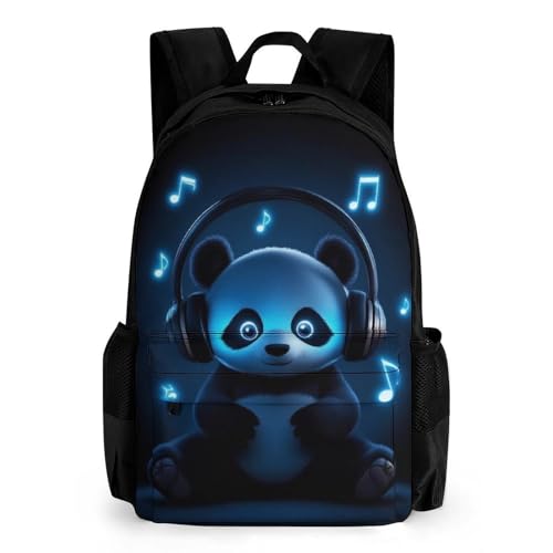 Backpack for Men, Black And White Panda Animal Headphones Music Cute Panda Portable Multi-Functional Daypack for Business Trip, Cute Spacious Reusable Shoulder Bag with Adjustable Strap