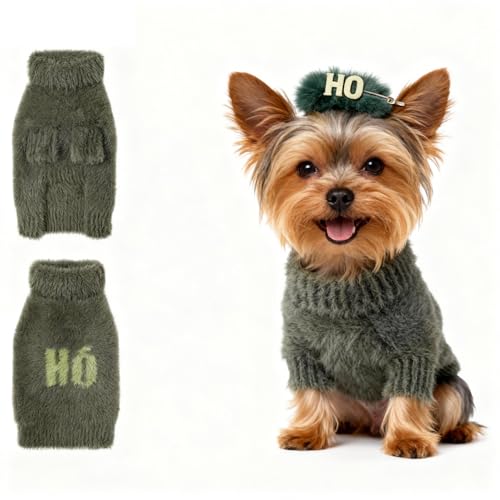 Image of Small Dog Furry Pullover Sweater, Classic Turtleneck Dog Clothes for Cold Weather Cute Warm Pet Clothes for Chihuahua, Bulldog, Dachshund, Pug Green Small
