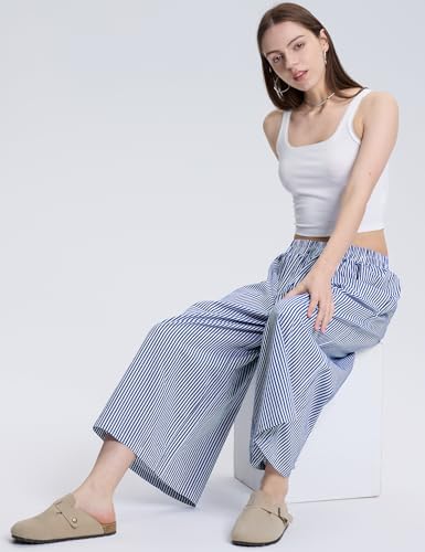 Image of LOMON Womens Wide Leg Capri Pants Gingham Plaid Culottes Summer Elastic Waist Palazzo Trousers Bottoms with Pockets